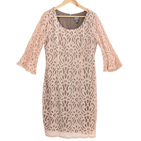 Rabbit Rabbit Rabbit Lace Sheath Dress Lined Bell Sleeves Coquette Pink Taupe 14 - Picture 1 of 11